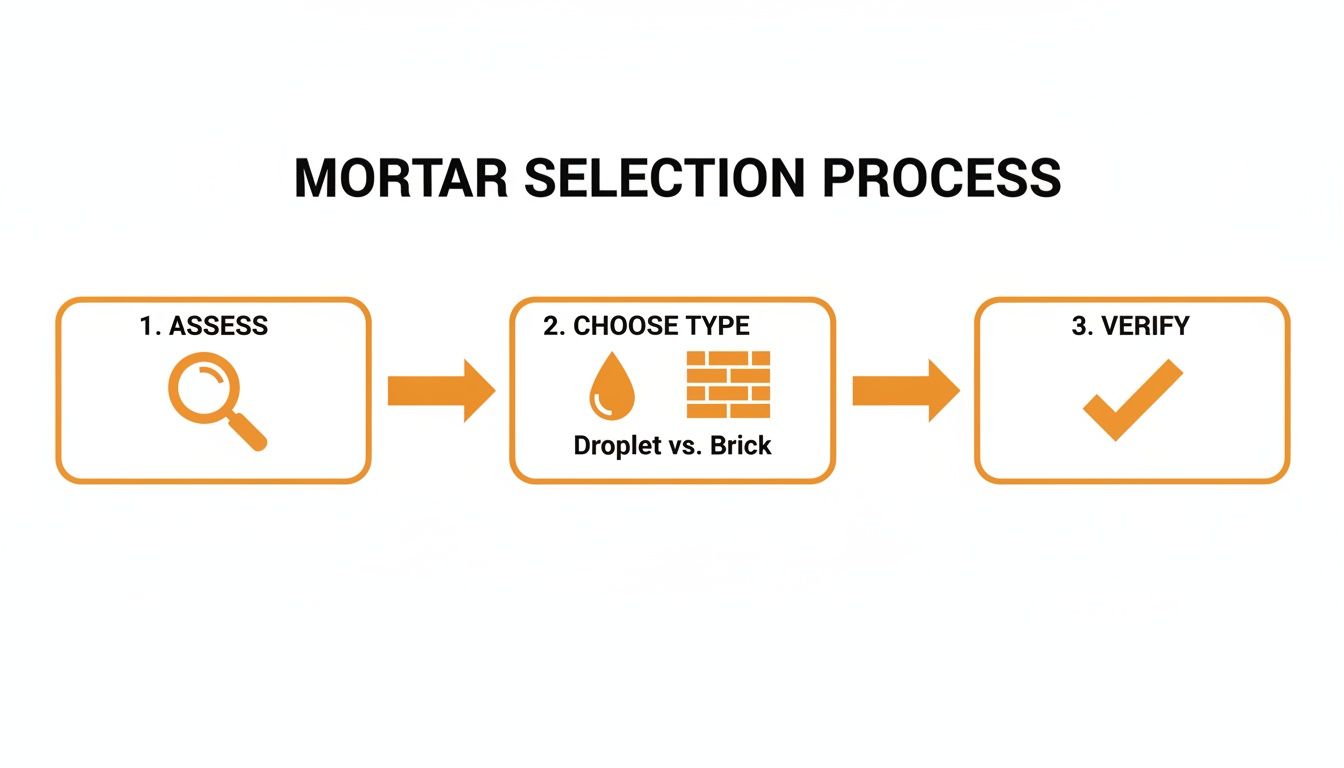 Flowchart illustrating the three-step mortar selection process: assess, choose type, and verify.