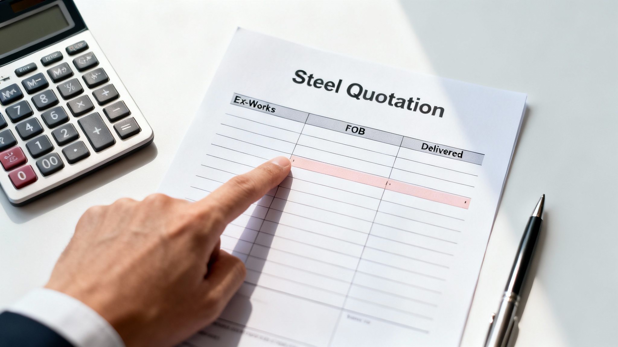 A hand points at a steel quotation document on a desk, next to a calculator and a pen, highlighting pricing.