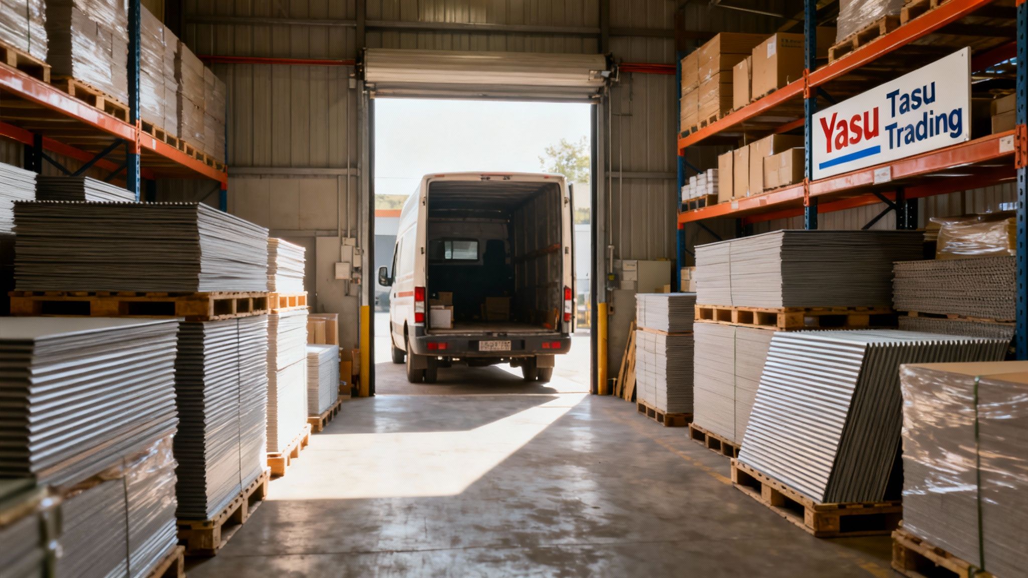 Warehouse interior with stacked polypropylene corrugated sheets on pallets and a delivery van.