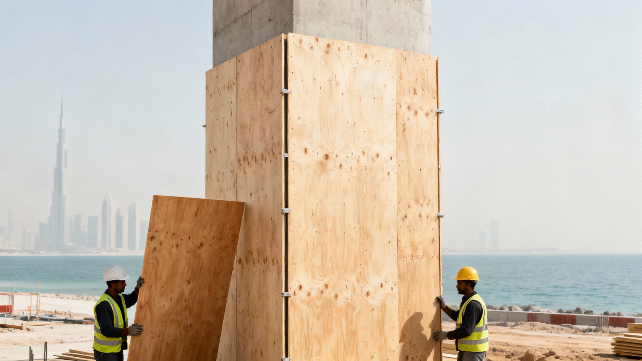 Two construction workers install large marine plywood panels on a concrete pillar at a coastal site, with the Dubai skyline visible in the background.