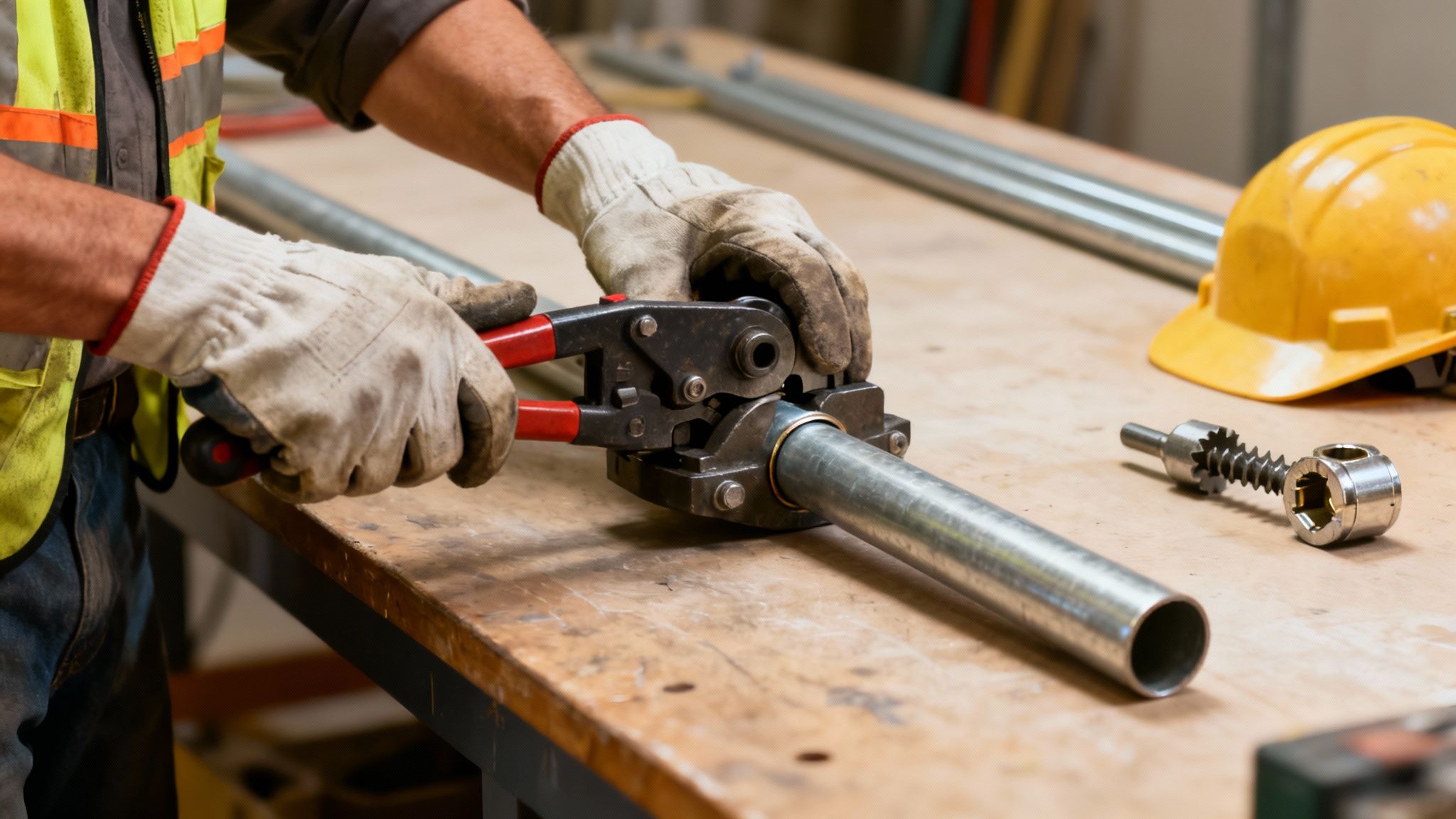 Worker in safety vest and gloves uses a press tool on a metal electrical conduit on a wooden workbench.