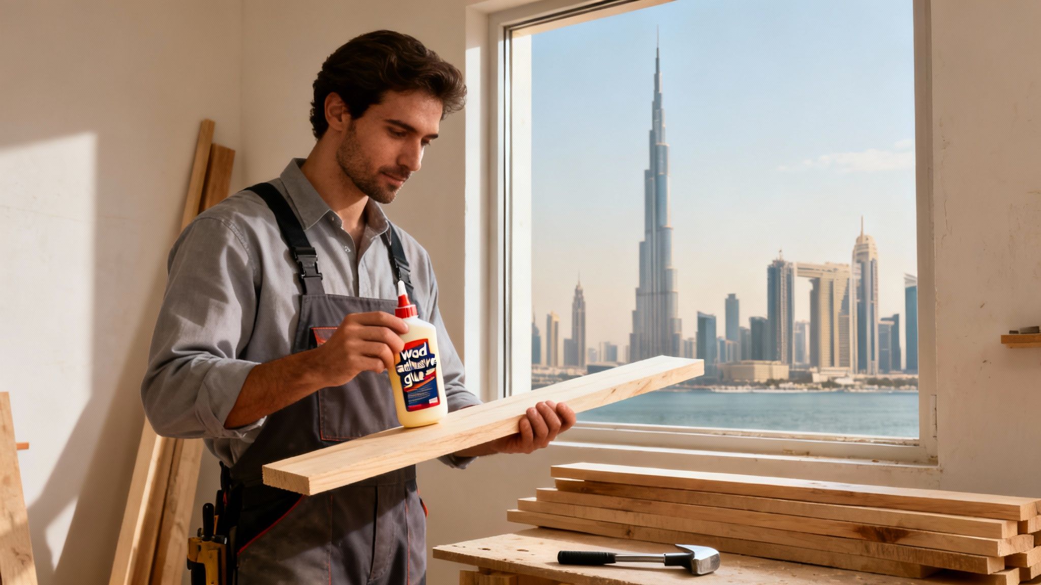 A carpenter applies wood adhesive glue to a wooden plank, with a city skyline view through the window.