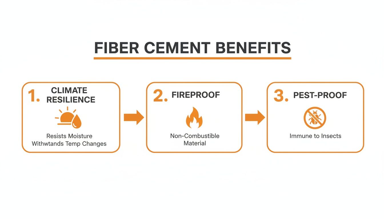 An infographic displaying three core benefits of fiber cement: climate resilience, fireproof, and pest-proof.