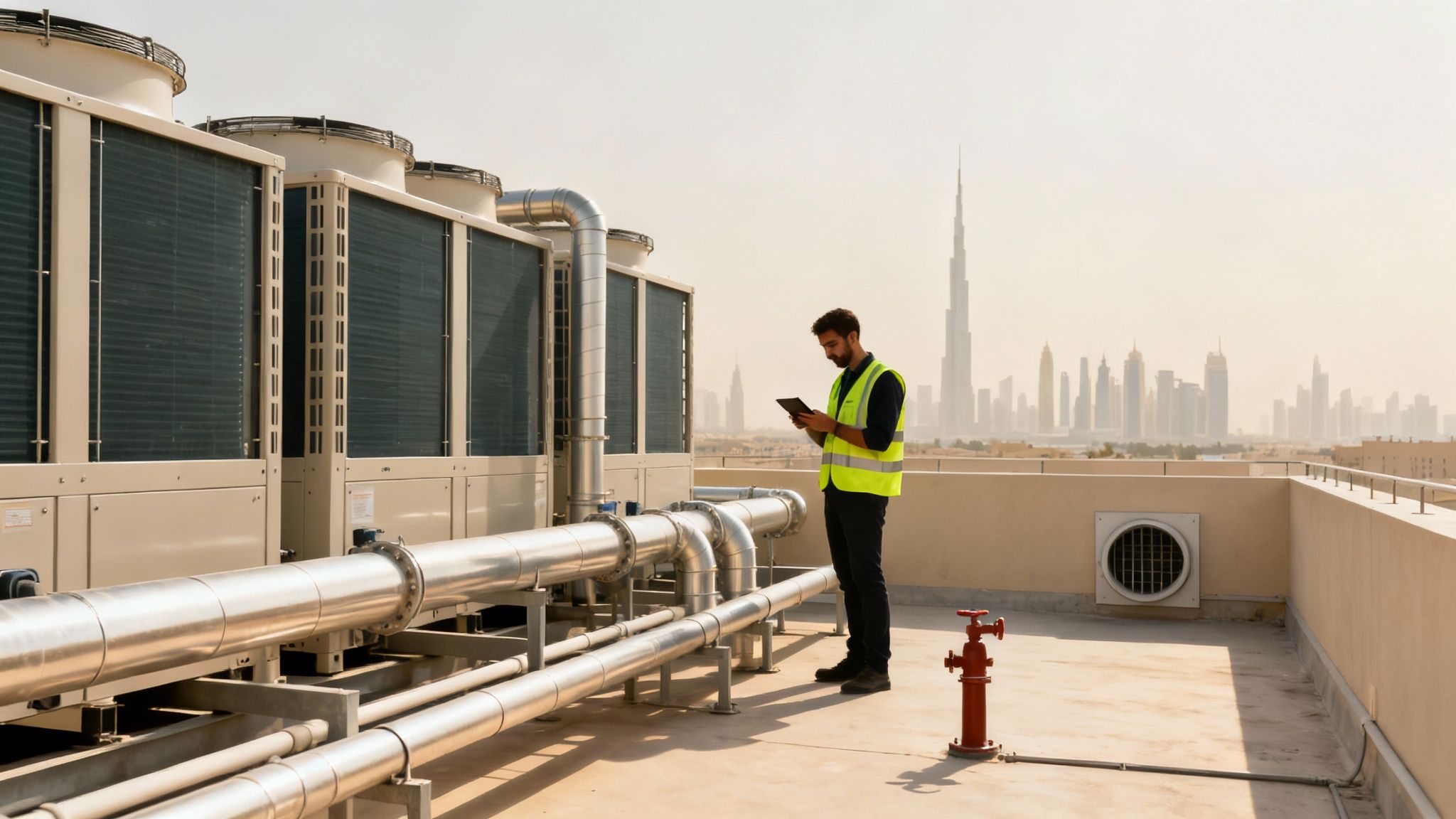 An engineer in a safety vest inspects rooftop HVAC systems with a tablet, overlooking a city skyline.