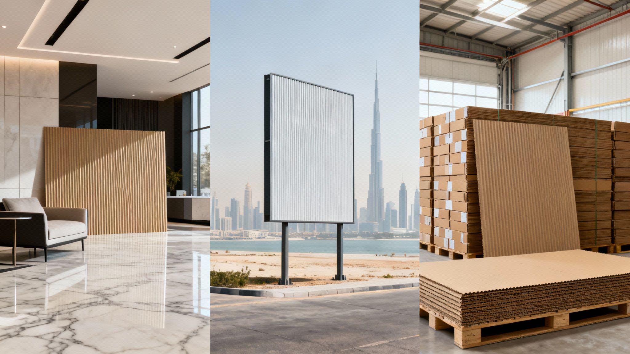 Three panels showing a modern lobby, a Dubai billboard with skyline, and stacked corrugated sheets in a warehouse.