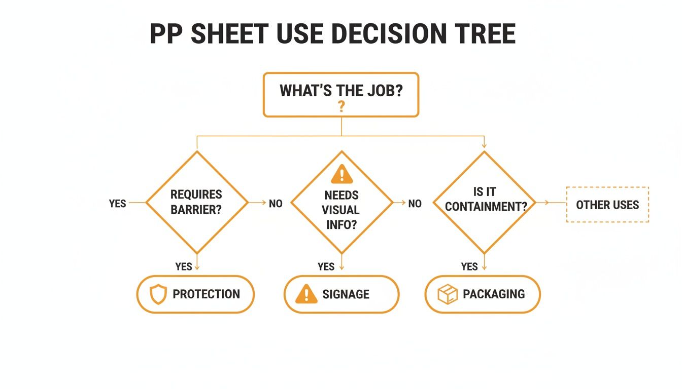 A decision tree flowchart for PP sheet uses, guiding applications like protection, signage, and packaging.