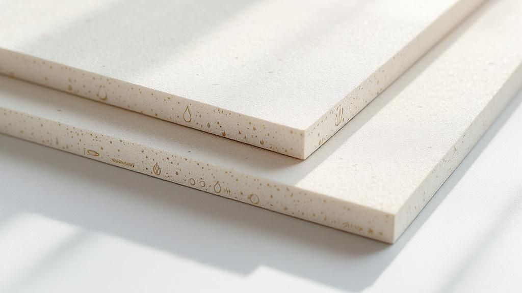 A person handling a calcium silicate board, showcasing its solid structure and smooth surface