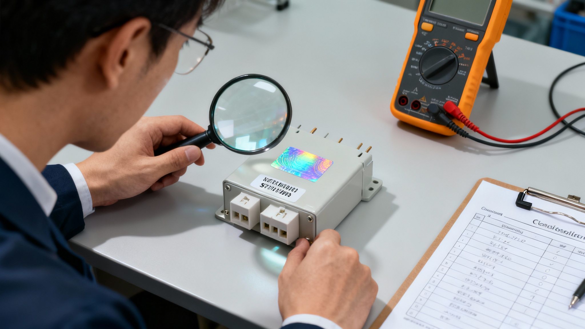 An engineer inspects an electronic device with a magnifying glass, alongside a multimeter and a checklist.