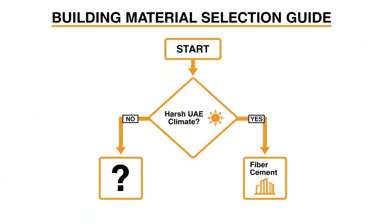 Flowchart for building material selection, recommending fiber cement for harsh UAE climate.