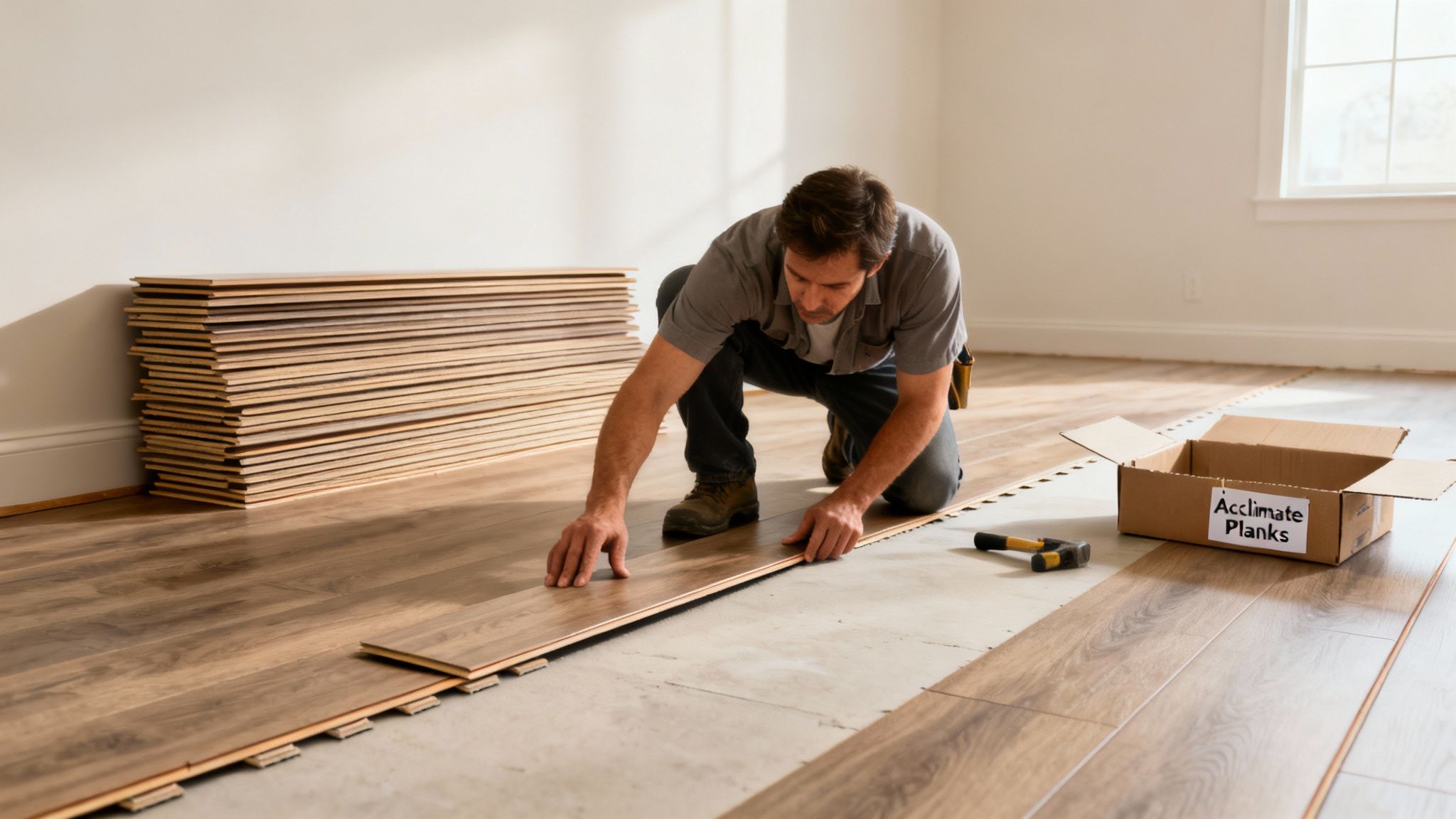 A man installing vinyl plank flooring in a room, with stacks of new planks ready for installation.