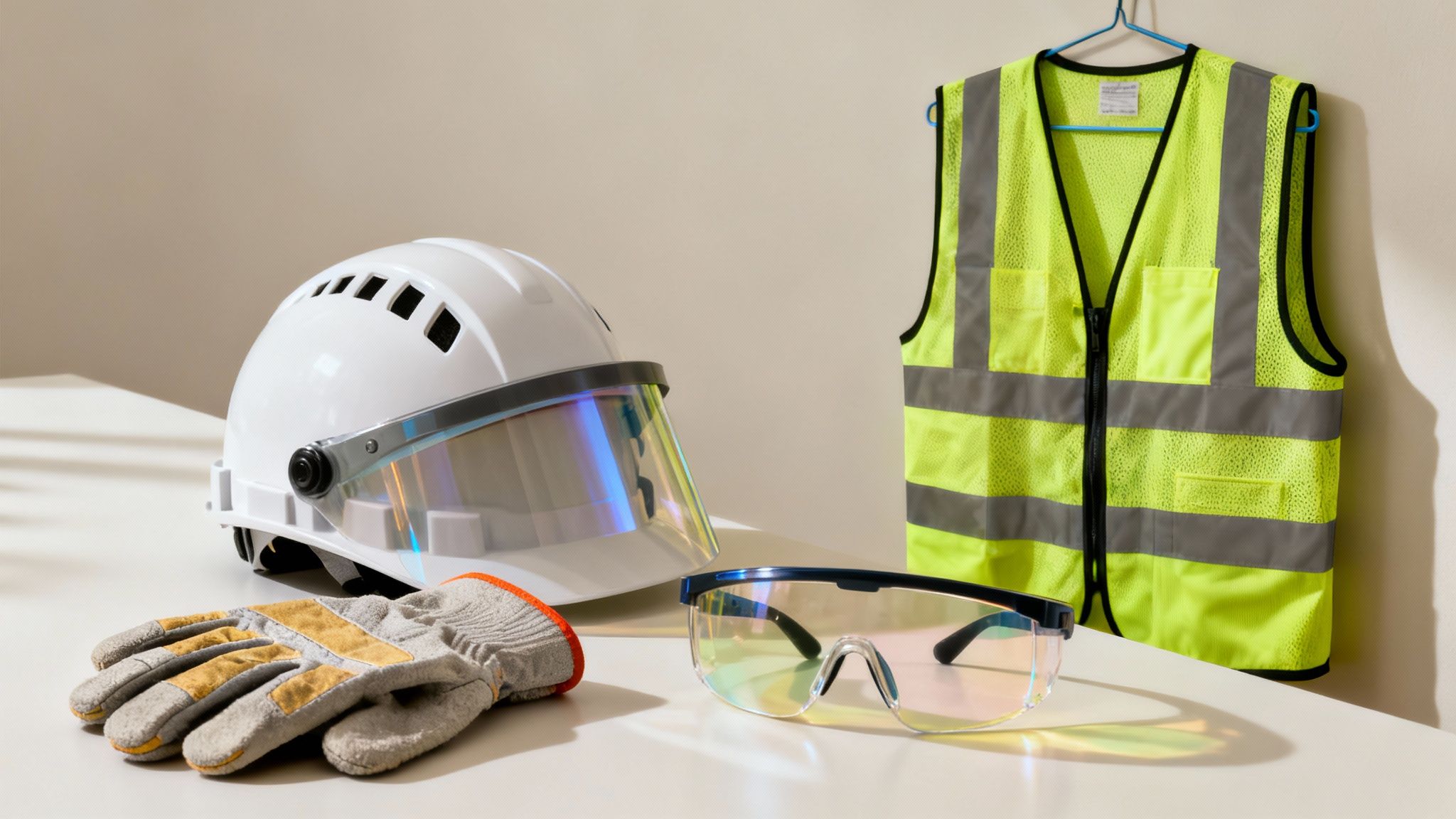 Essential safety equipment including a hard hat, face shield, gloves, safety glasses, and high-visibility vest.