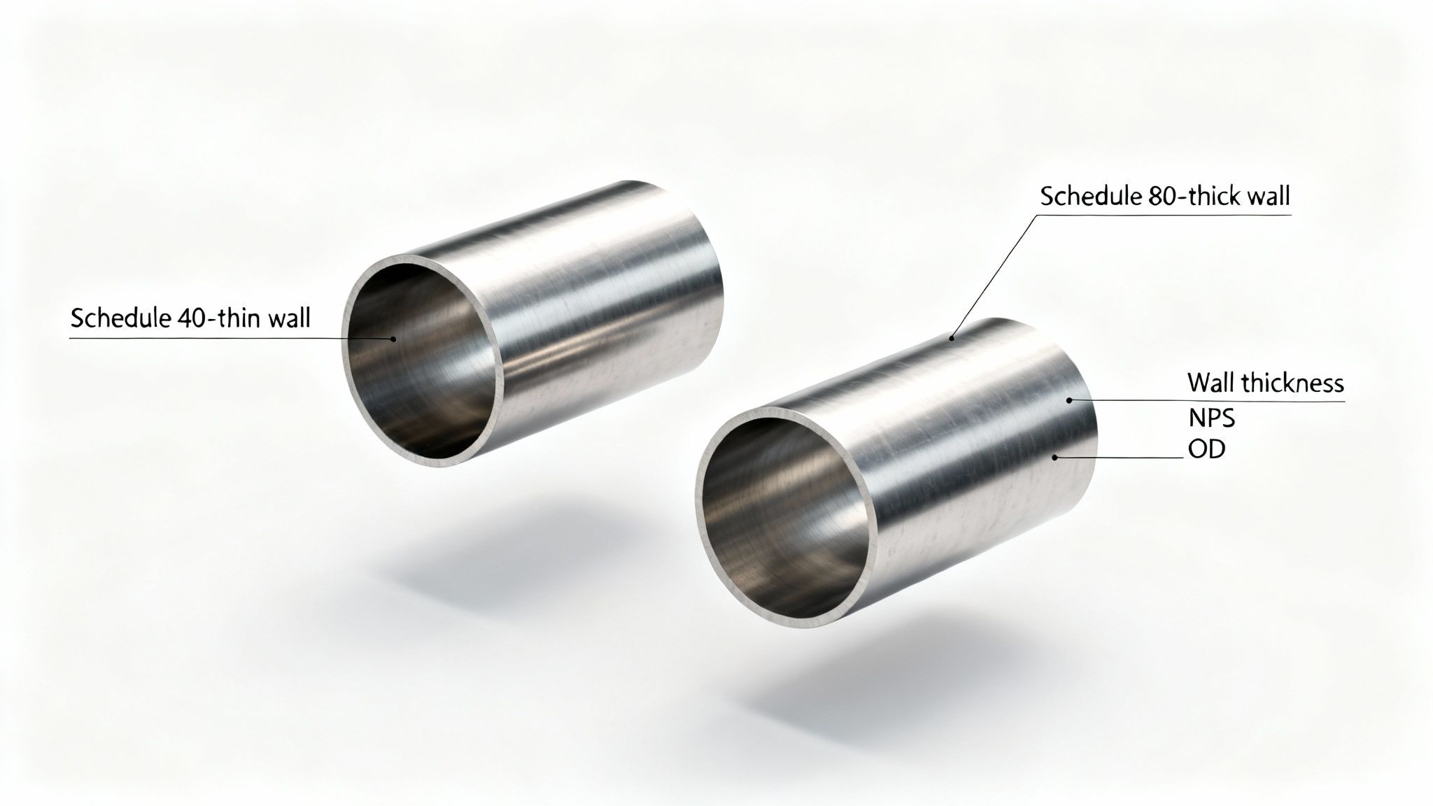 Two stainless steel pipes illustrate Schedule 40 thin wall versus Schedule 80 thick wall, with dimension labels.