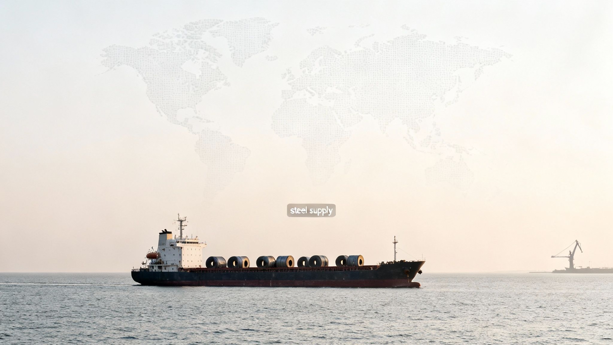 A cargo ship transporting large steel coils on the ocean, with a faint world map and 'steel supply' text.
