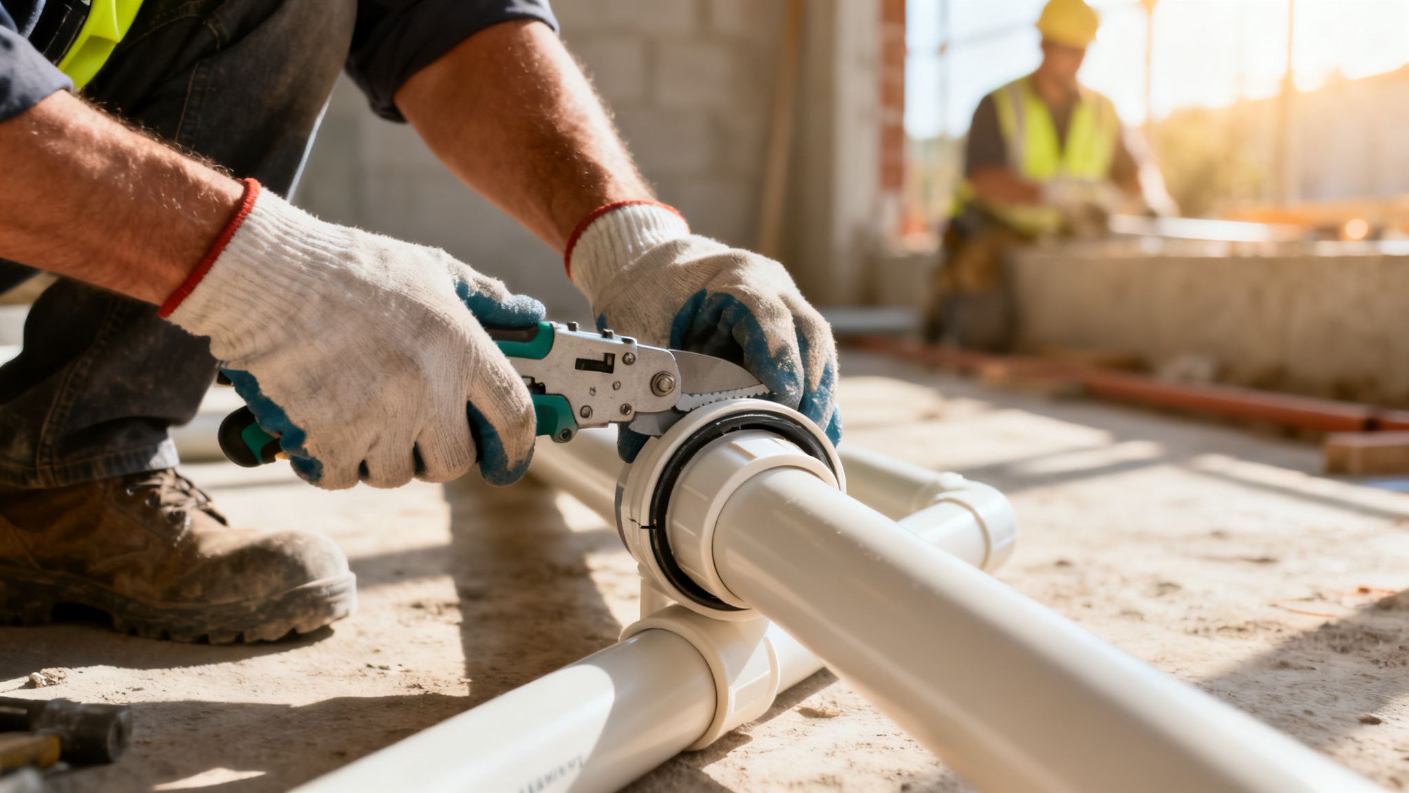 A construction worker wearing gloves precisely cuts a white UPVC pipe with a specialized cutter on a building site.