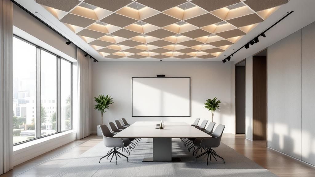 Acoustic panels installed on the ceiling of a modern, bustling restaurant.