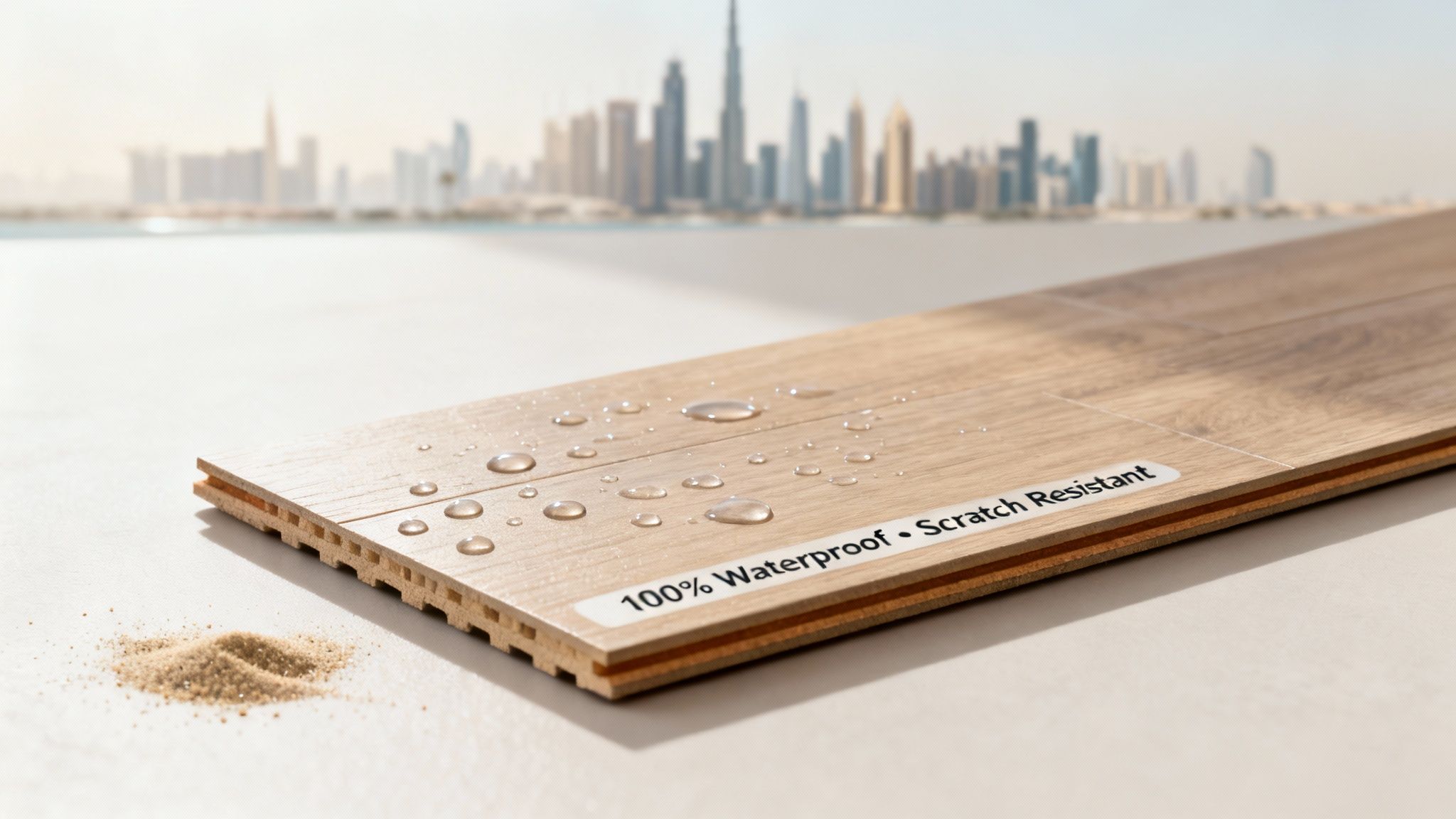 Light wood SPC flooring with water droplets and sand, highlighting 100% waterproof and scratch-resistant features.