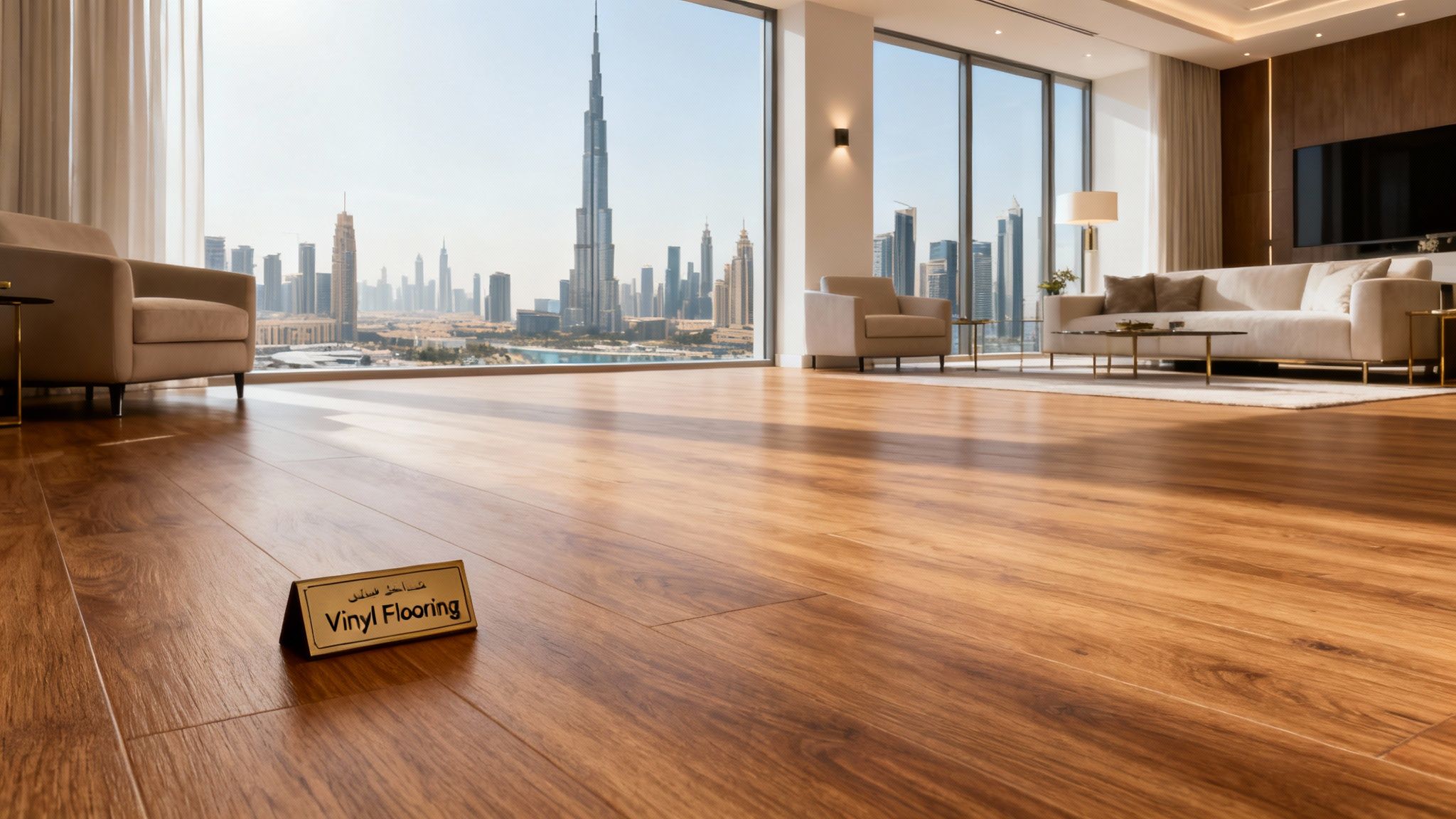Luxurious living room showcasing vinyl flooring, elegant furniture, and a stunning Dubai cityscape view with Burj Khalifa.