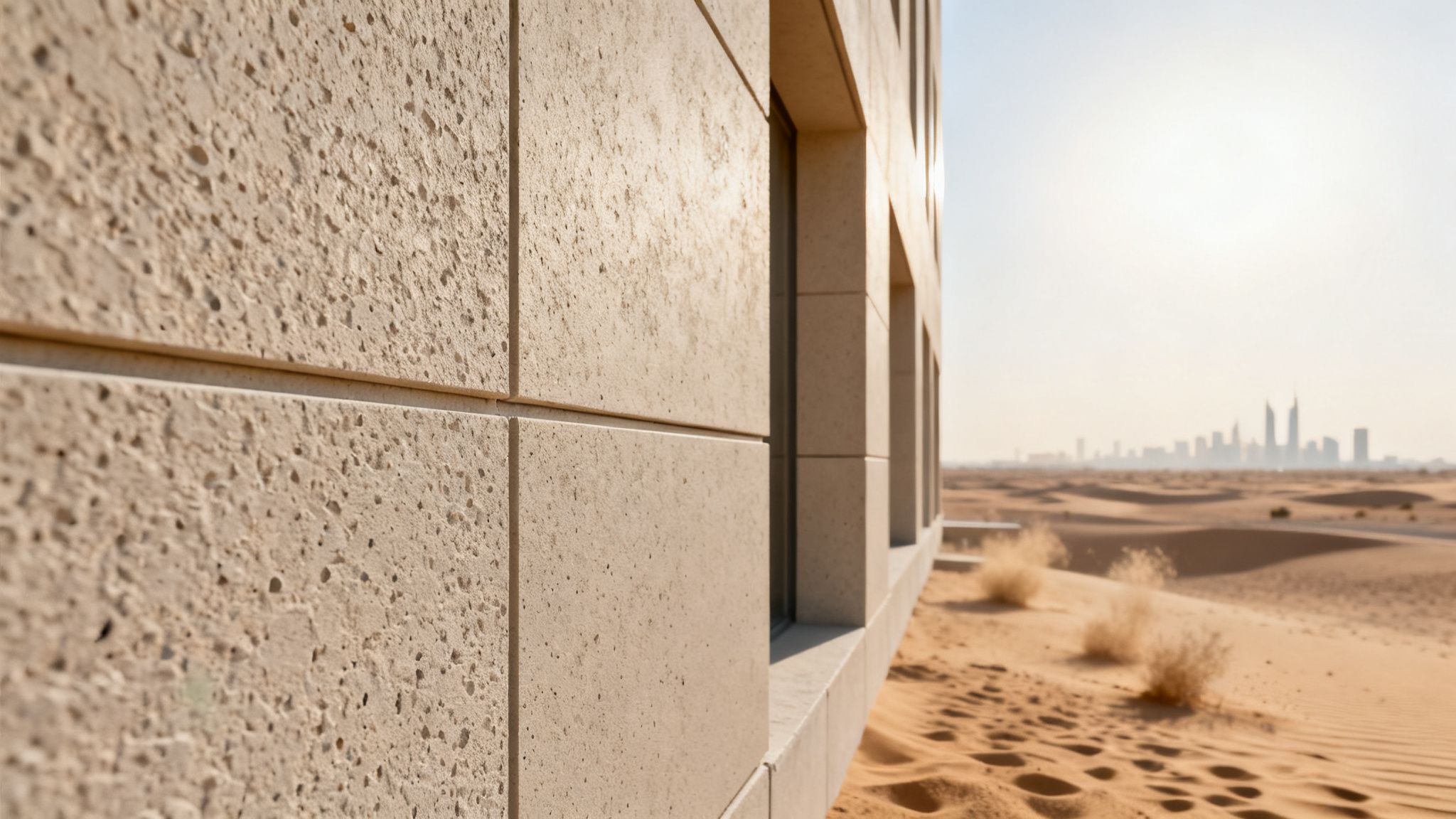 Close-up of a textured building facade overlooking a vast desert and distant city skyline.