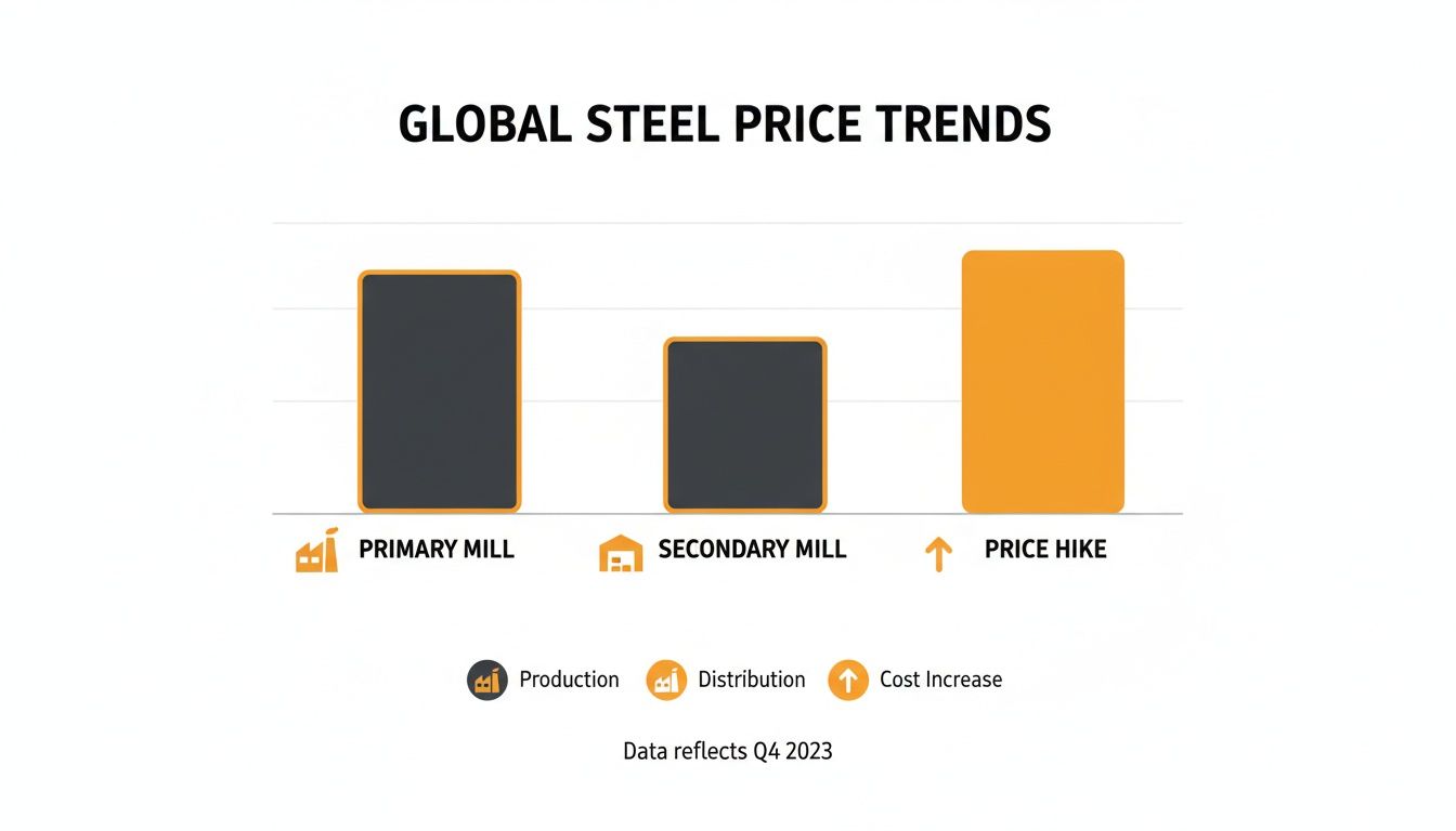 Bar chart illustrating global steel price trends in Q4 2023, showing primary mill, secondary mill, and a significant price hike.