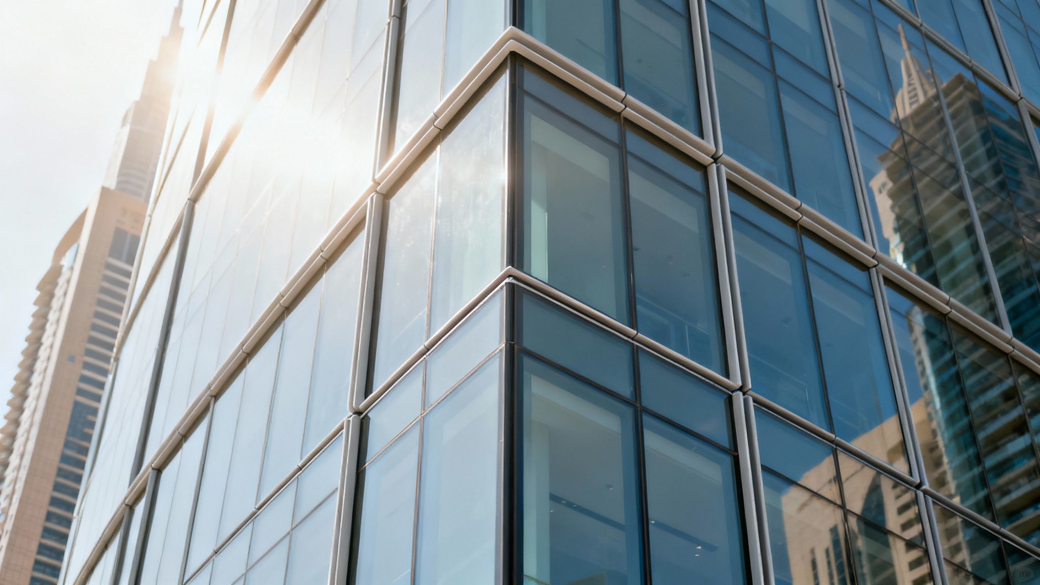 A construction worker applies advanced hybrid sealant to the exterior joints of a modern skyscraper in Dubai, showcasing a real-world UAE project.