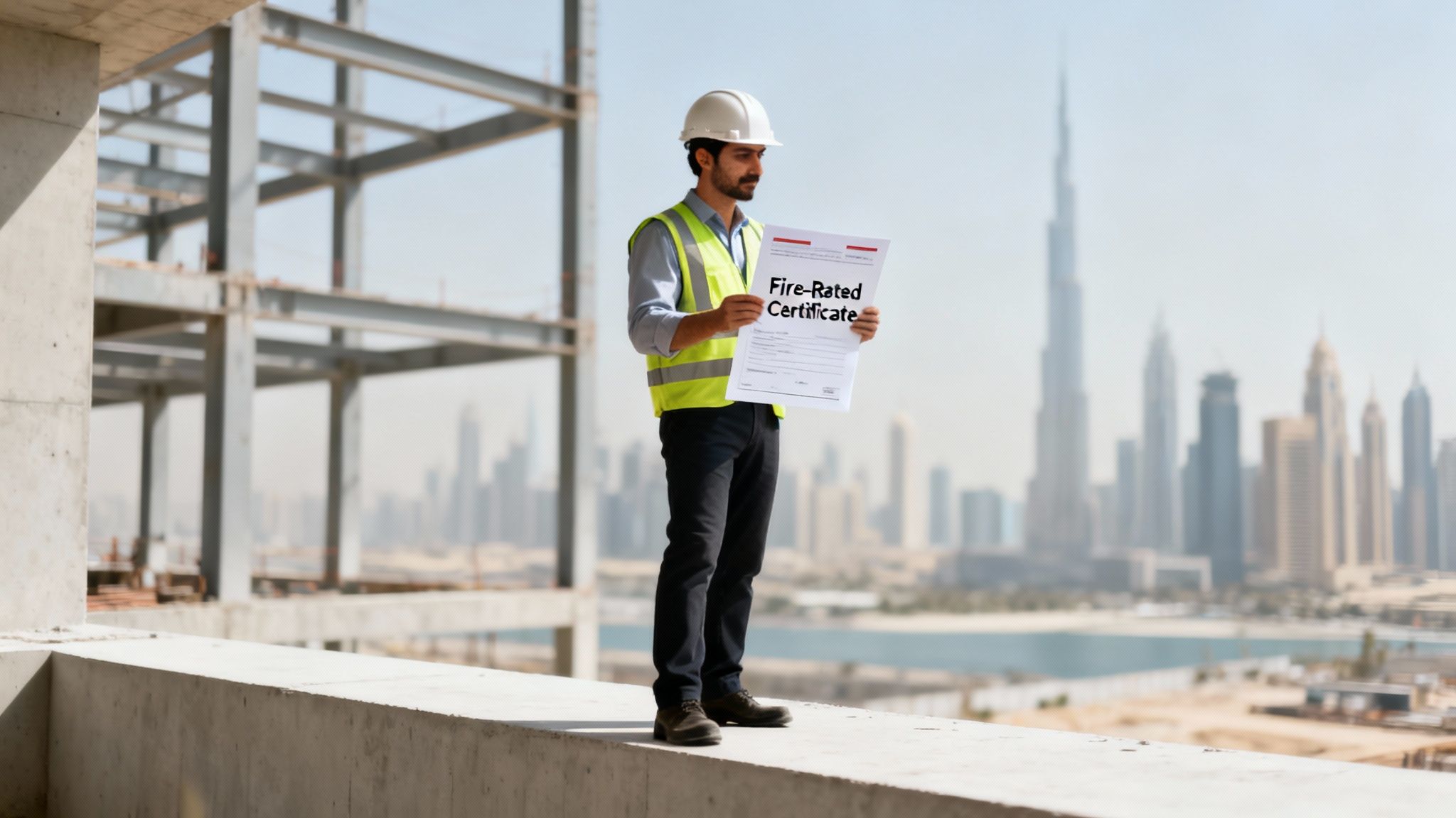 Construction worker holding a 'Fire-Rated Certificate' at a building site with a cityscape background.