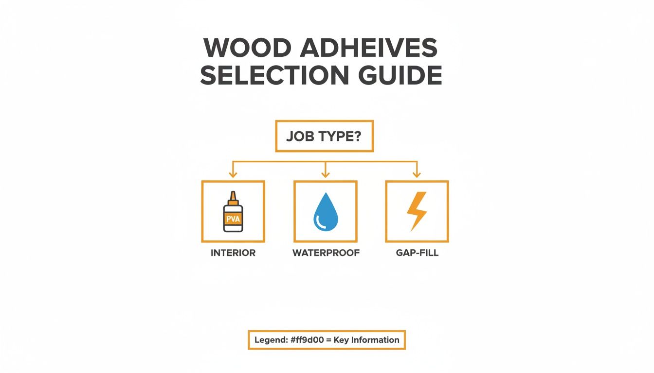 A wood adhesives selection guide flowchart showing job types: interior, waterproof, and gap-fill.