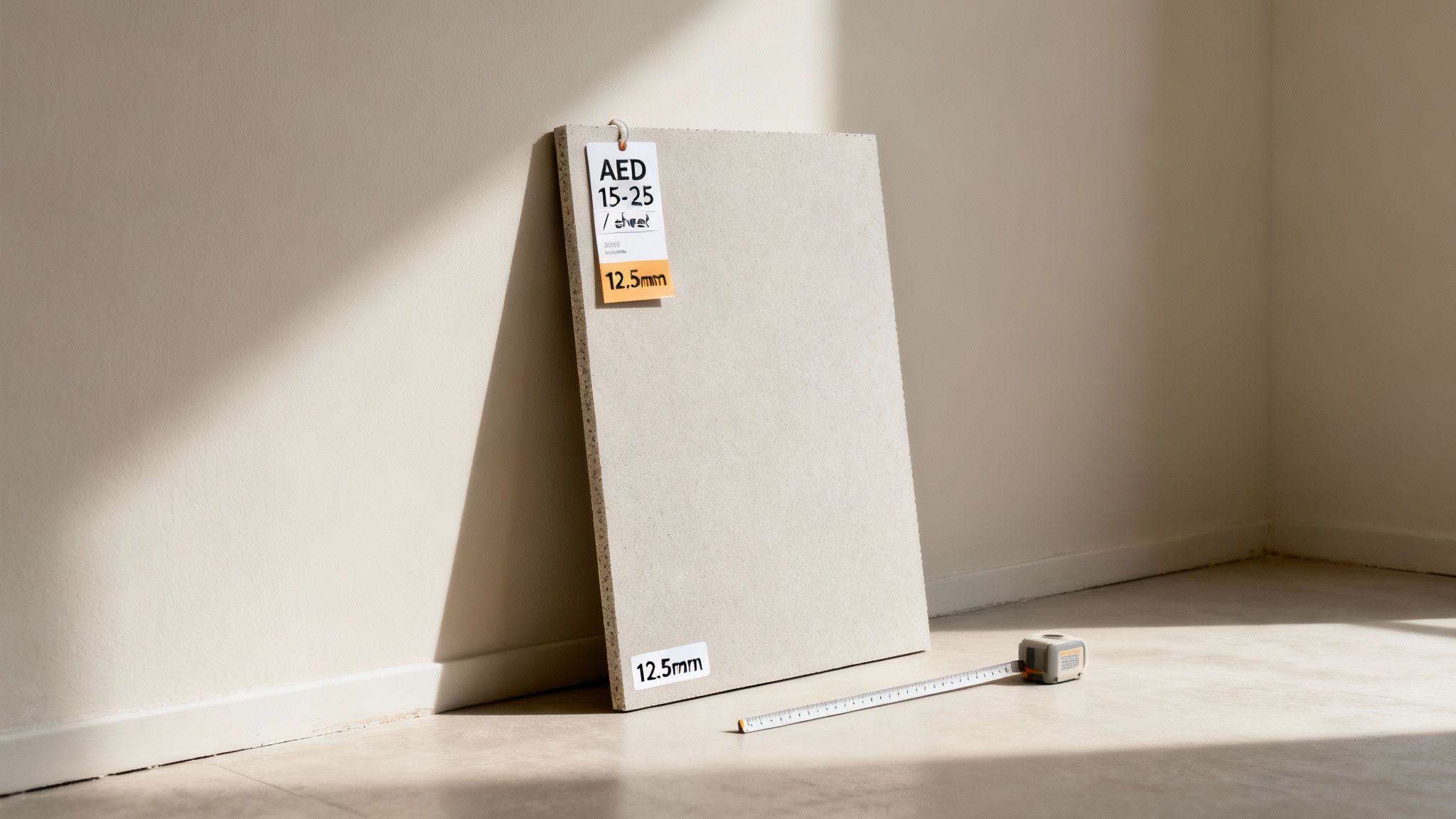 A gypsum plasterboard sheet with a price tag and measuring tape, leaning against a wall.