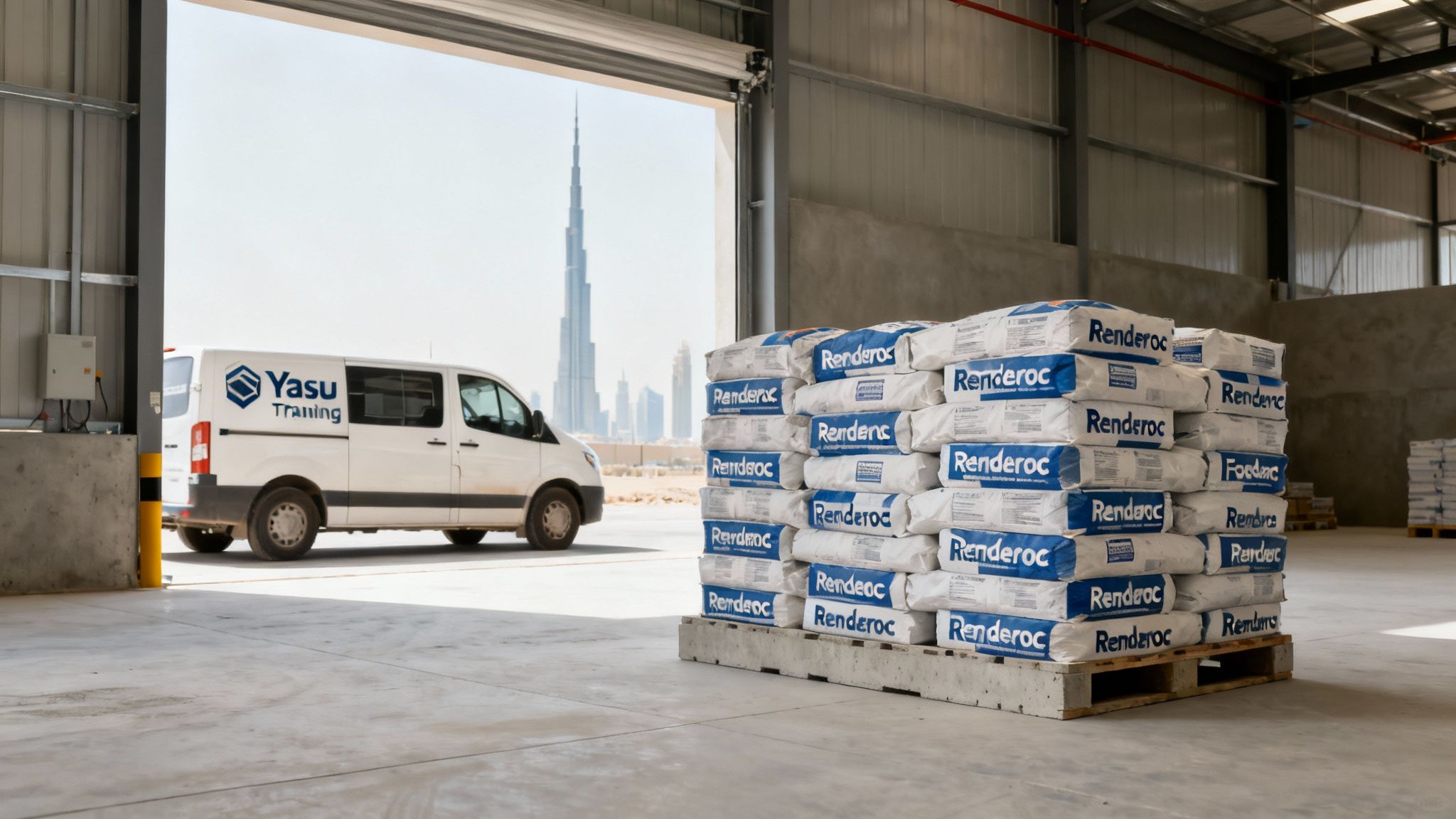 Renderoc material bags stacked in a warehouse with a Yasu Training van and Dubai skyline.