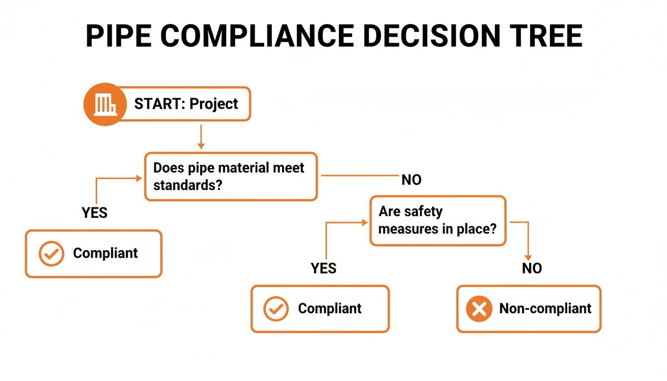 Decision tree diagram outlining the process for pipe compliance based on material standards and safety measures.