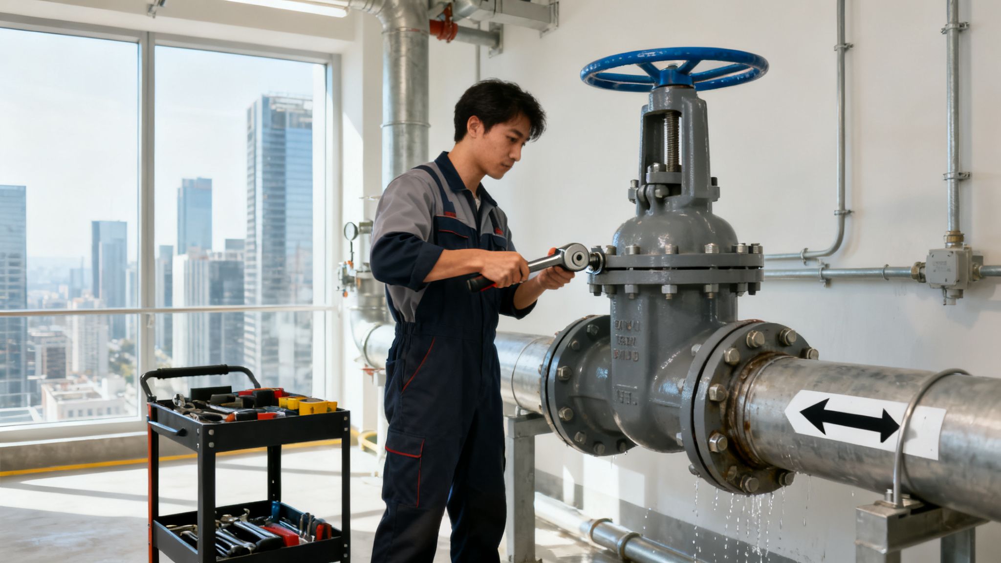A technician fixes a leaking high-pressure valve on an industrial pipe system with a wrench.