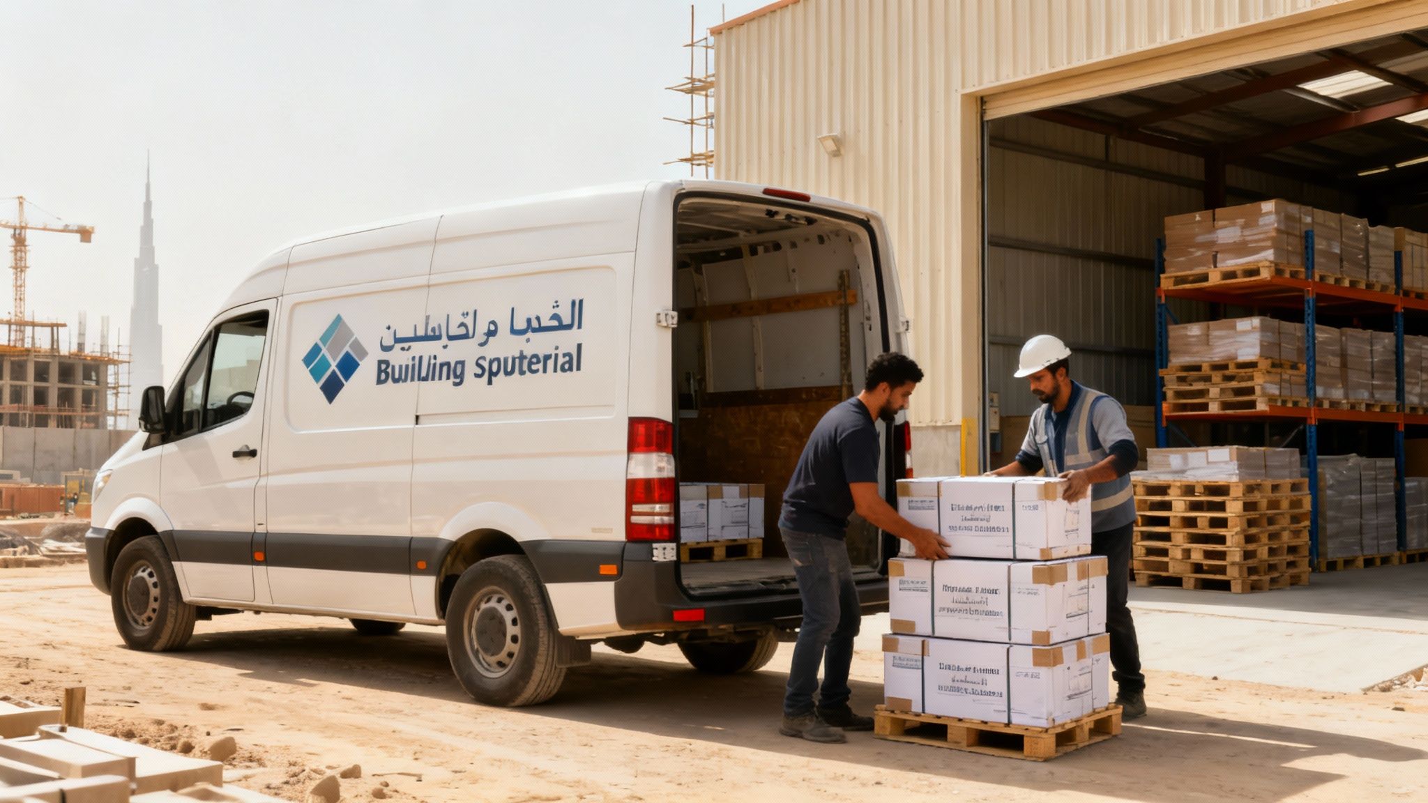 Two workers unload boxes of building materials from a white delivery van at a warehouse.