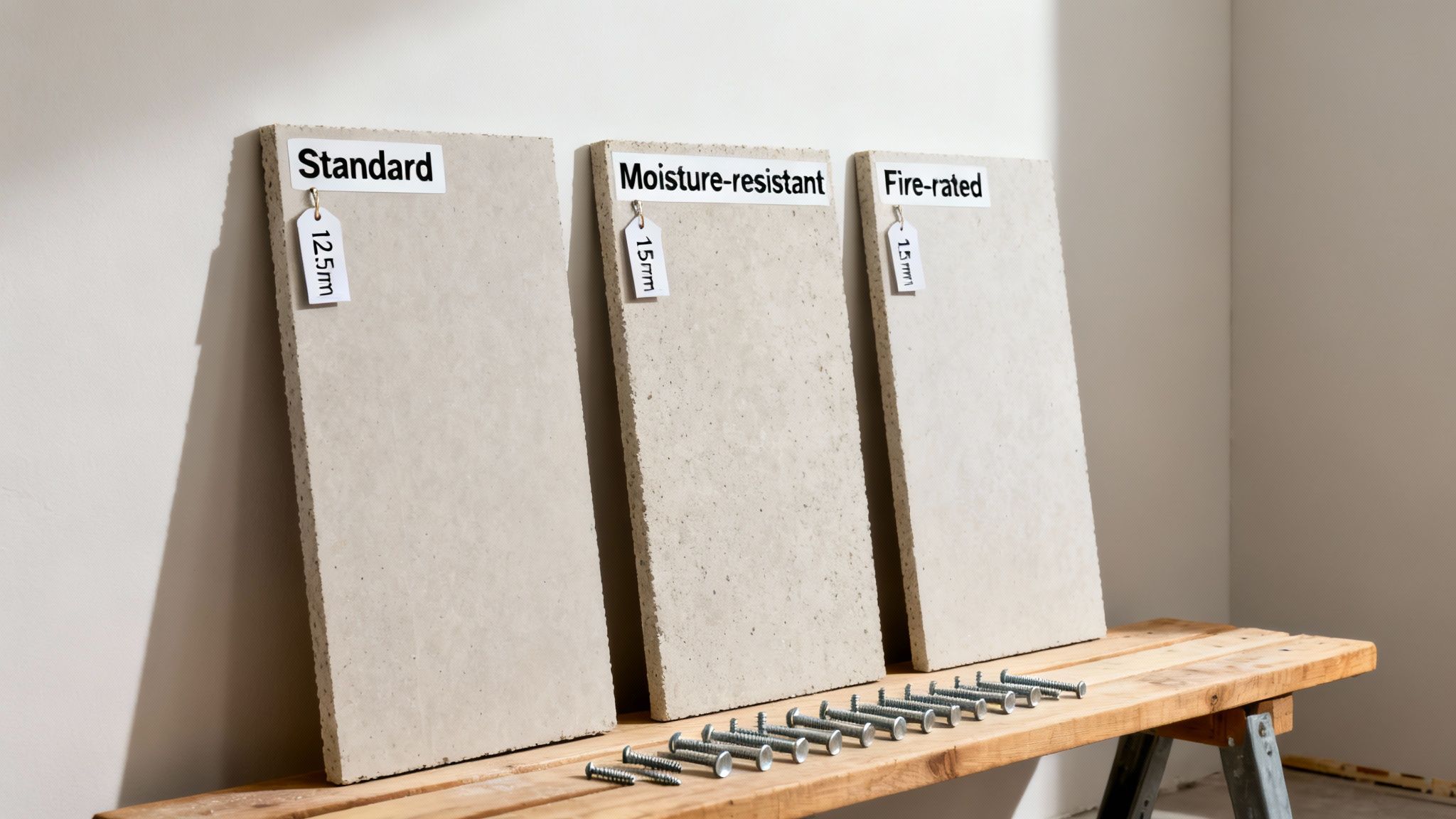 Three types of gypsum boards (Standard, Moisture-resistant, Fire-rated) with screws on a wooden bench.