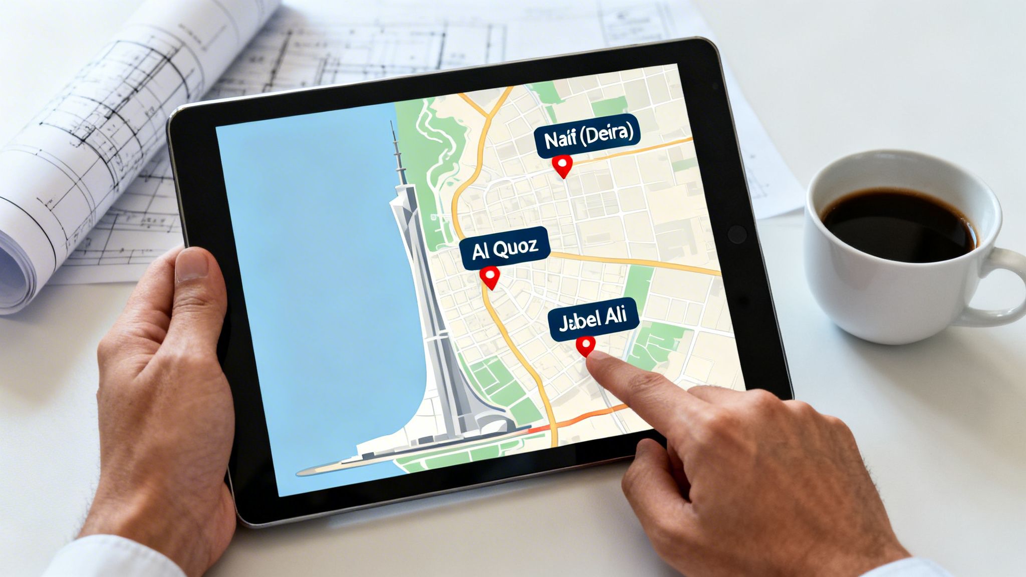 Hands holding a tablet displaying a map of Dubai with three marked locations, next to blueprints and coffee.