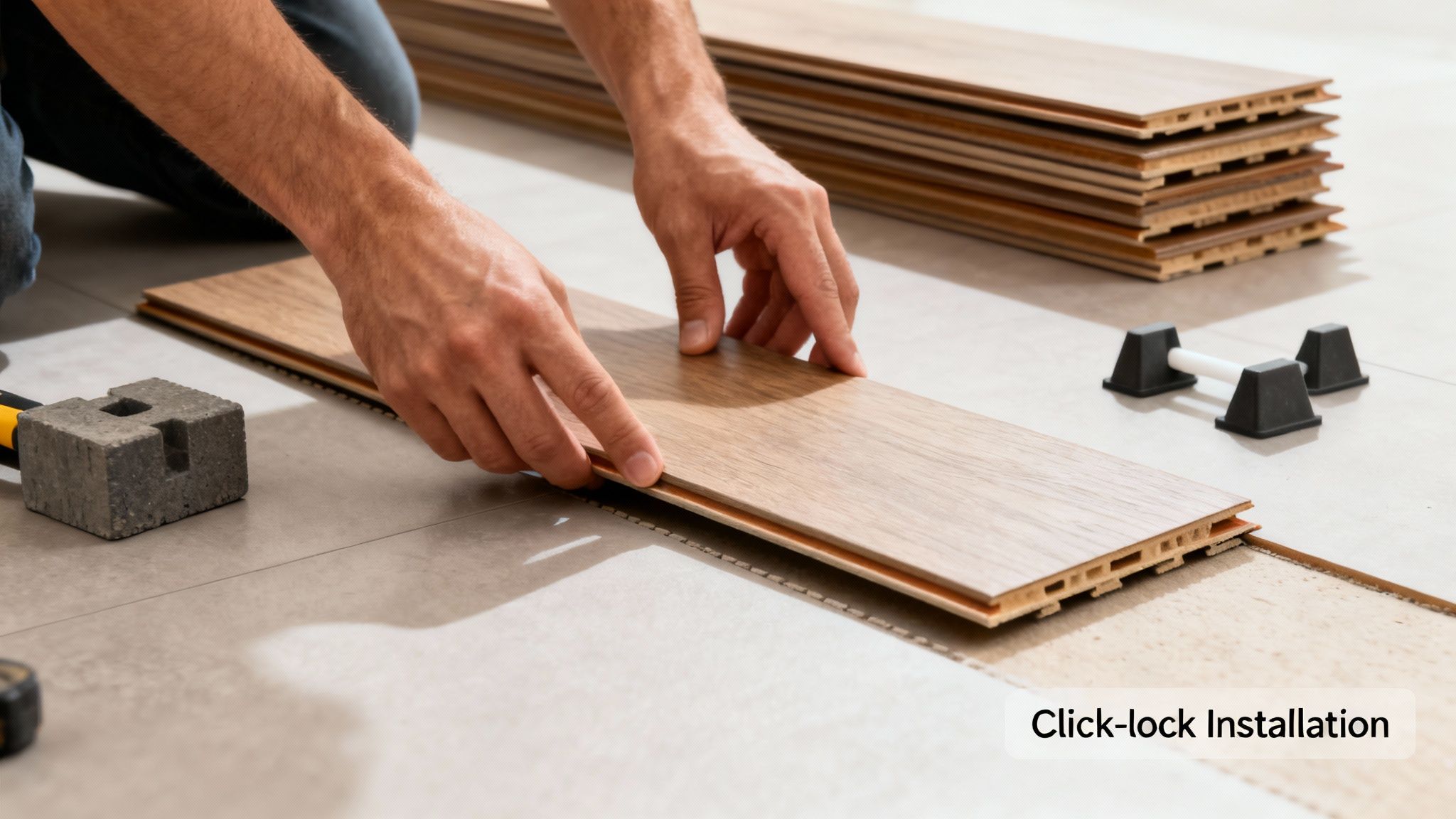 Close-up of a person's hands installing click-lock SPC flooring planks with tools on a tile floor.
