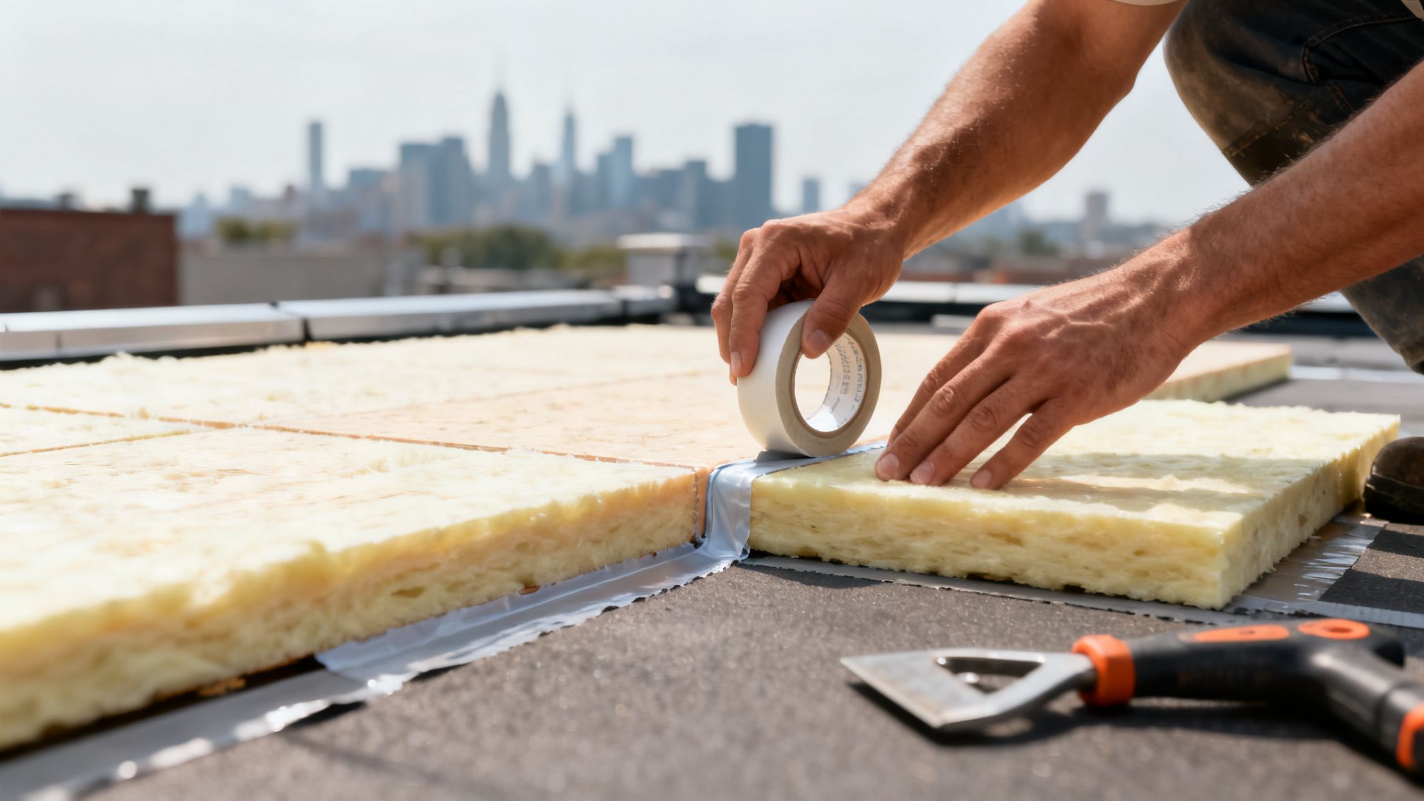 A worker's hands applying tape to yellow insulation boards on a rooftop, with a blurred city skyline.
