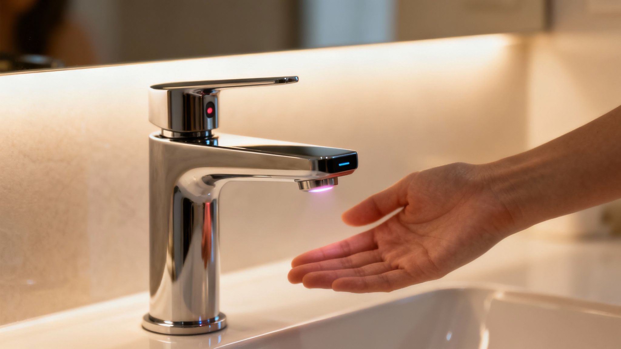 A close-up of a touchless faucet's infrared sensor, highlighting the technology that enables hands-free operation.