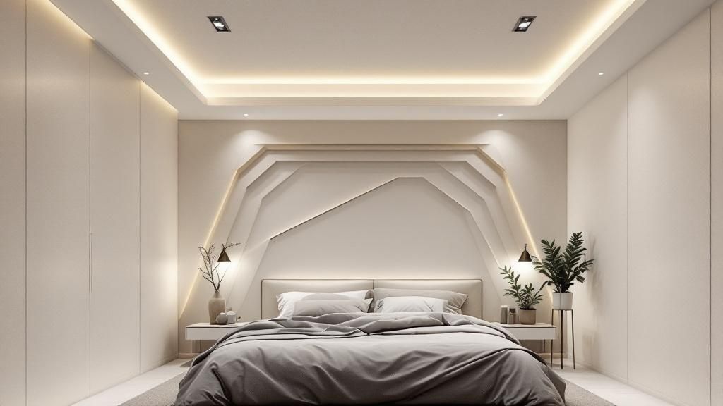 A visually striking gypsum board ceiling design in a modern living room, highlighting its aesthetic and functional integration.