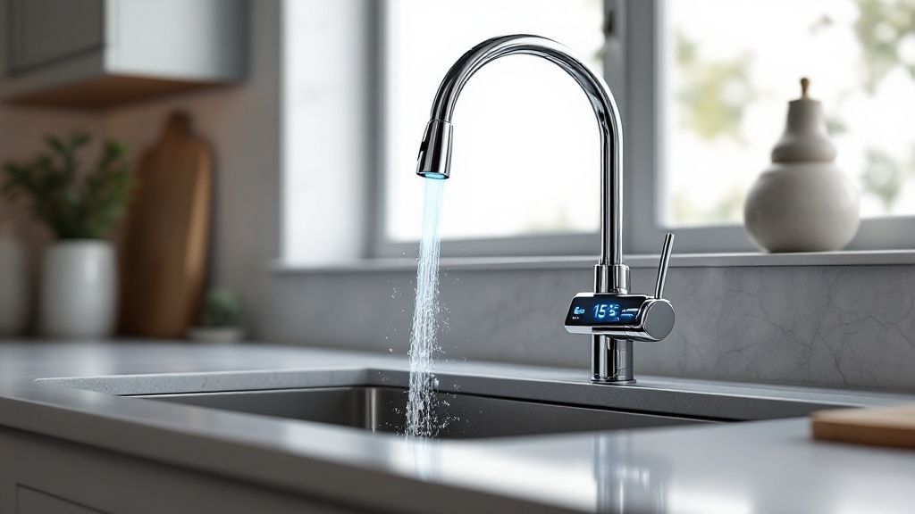 A sleek, modern connected faucet in a commercial bathroom, showing data analytics on a holographic display.