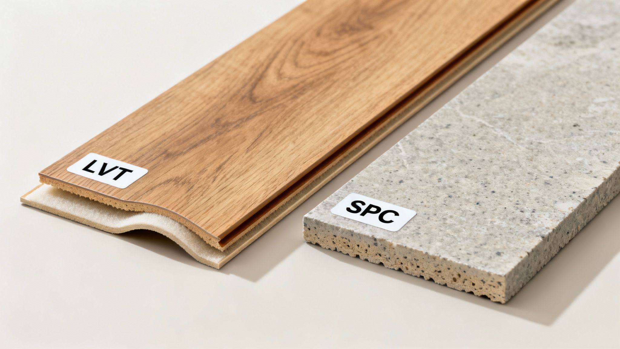 Close-up of LVT (Luxury Vinyl Tile) and SPC (Stone Plastic Composite) flooring samples, showing their layered construction.