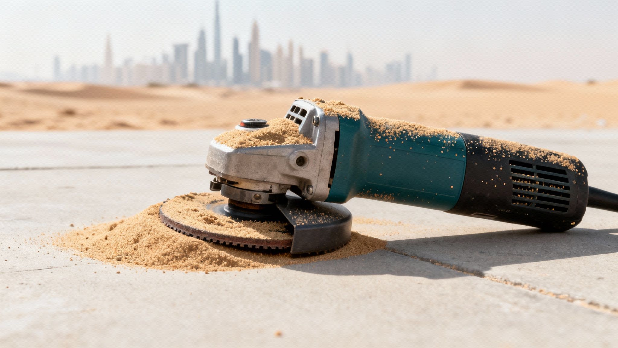 An angle grinder covered in sand rests on concrete, with a blurred city skyline and desert beyond.