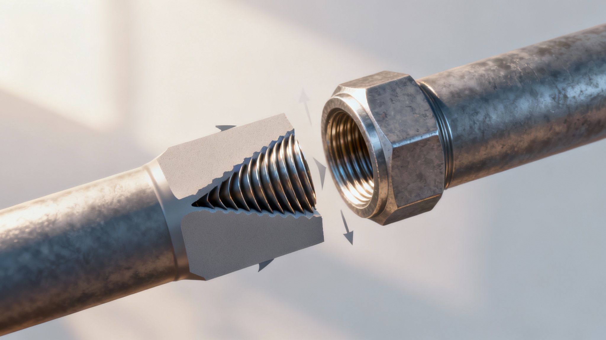 A detailed illustration showing the wedging action of tapered pipe threads when tightened