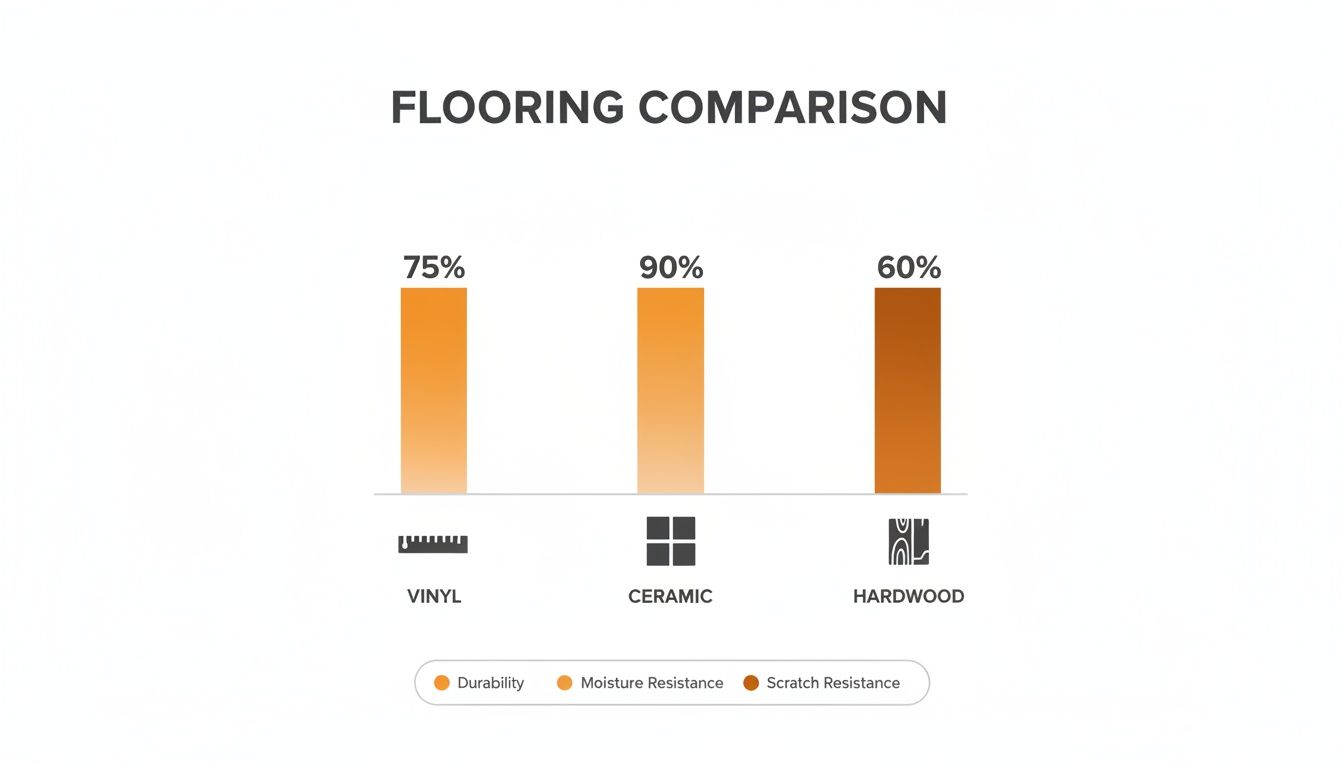 Bar chart comparing Vinyl (75%), Ceramic (90%), and Hardwood (60%) flooring types.