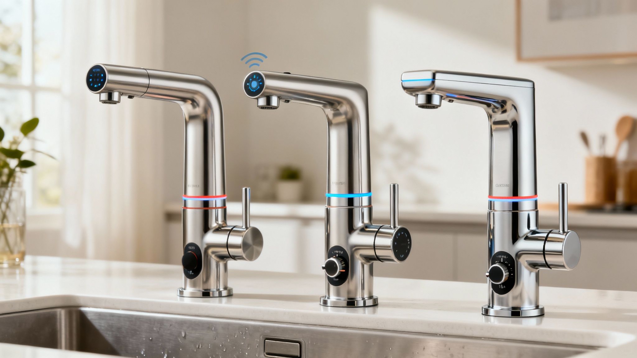 A facility manager inspects a row of modern, durable touchless faucets in a commercial restroom.