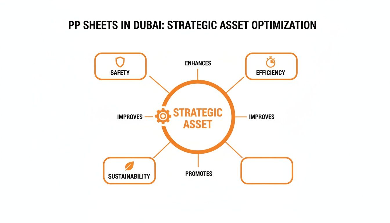 Diagram showing strategic asset optimization for PP sheets, enhancing safety, efficiency, and promoting sustainability.