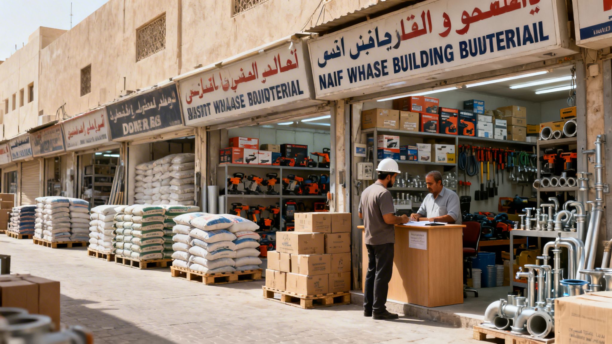 Busy building materials wholesale store in Dubai with workers and stacked supplies.