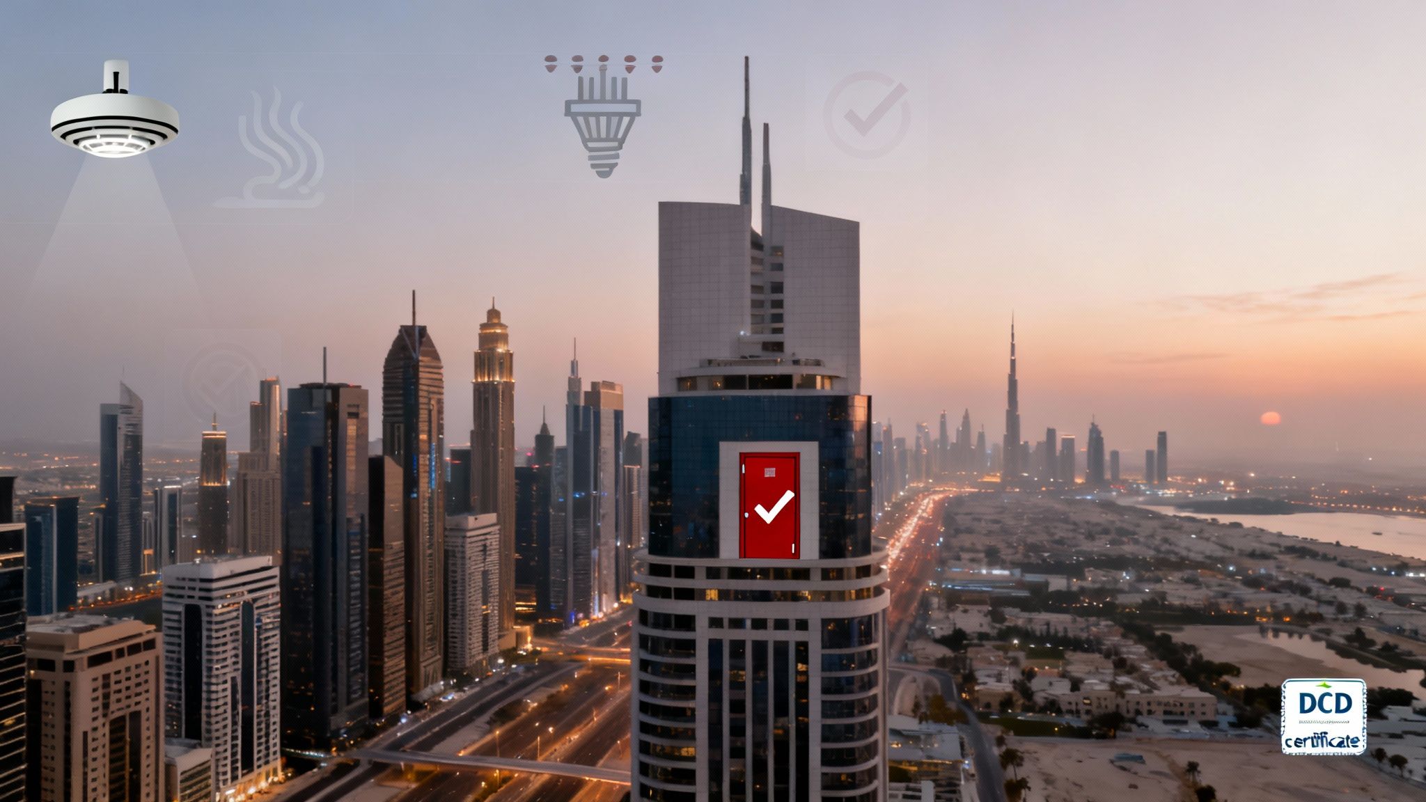 Aerial view of Dubai skyline at sunset with superimposed fire safety icons, including a smoke detector and an exit door.