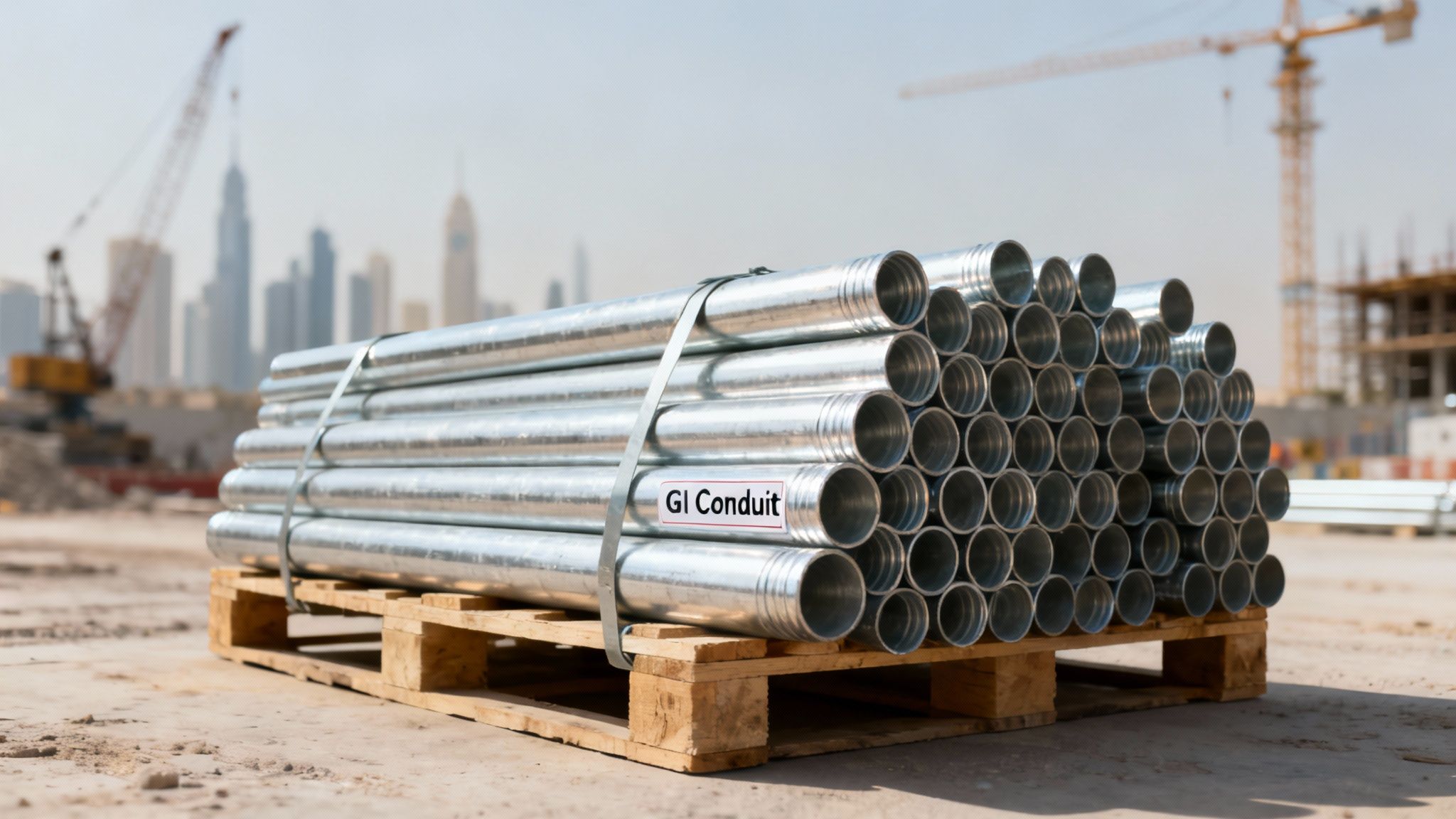 Galvanized iron conduit pipes stacked on a wooden pallet at a construction site with cranes.