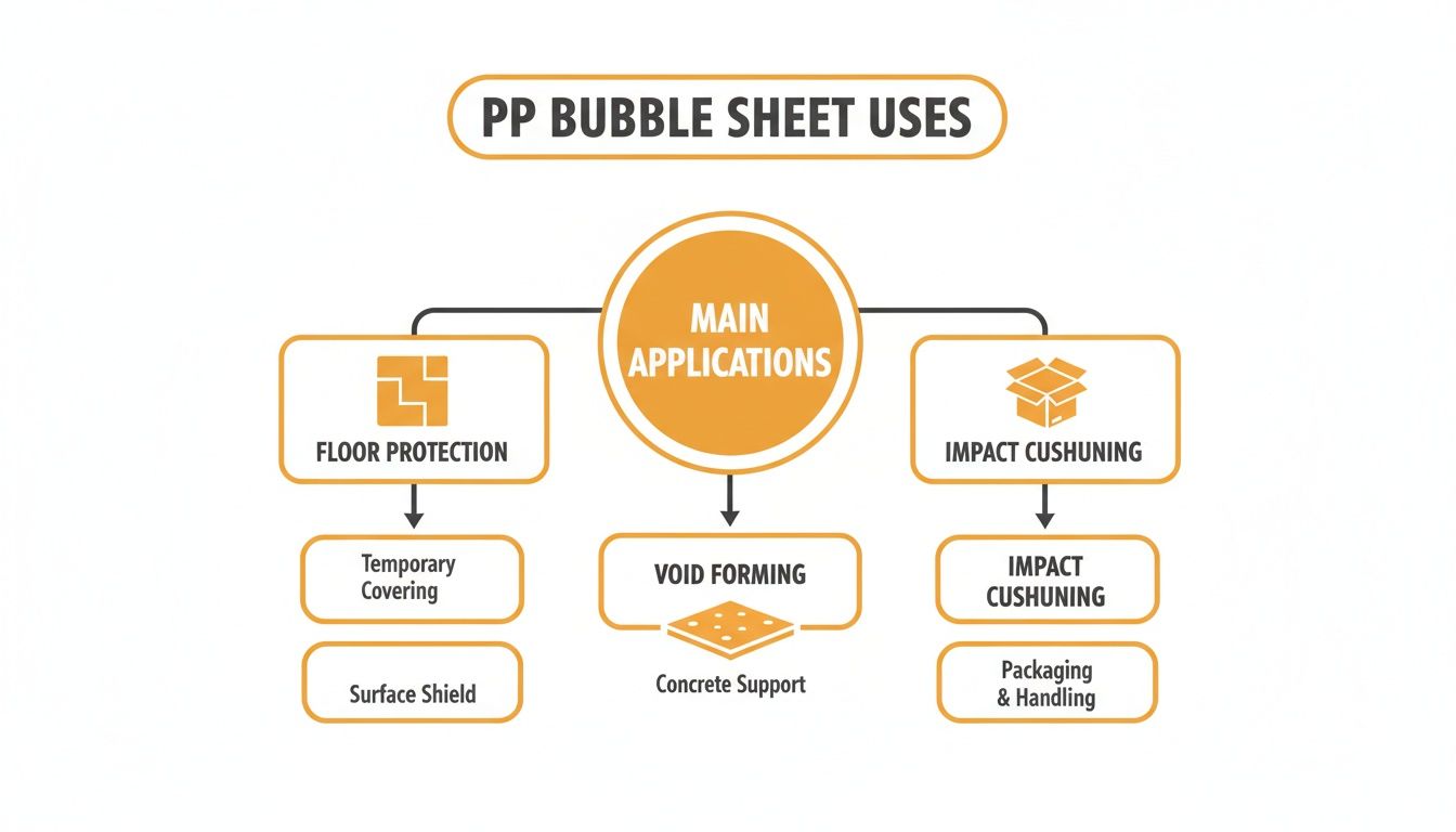 A flowchart illustrating the main applications of PP bubble sheets, including floor protection, void forming, and impact cushioning.