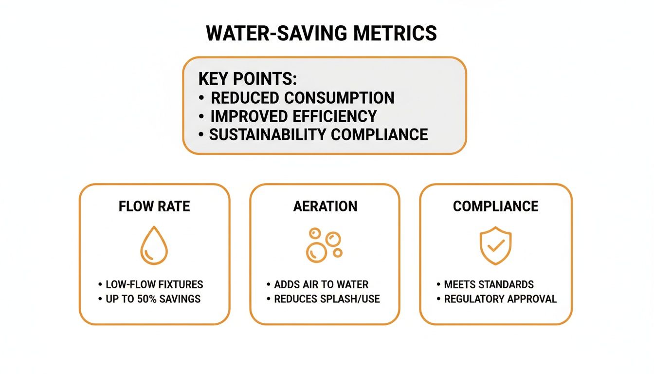 Infographic showing water-saving metrics, highlighting reduced consumption, improved efficiency, and sustainability compliance through flow rate, aeration, and standards.