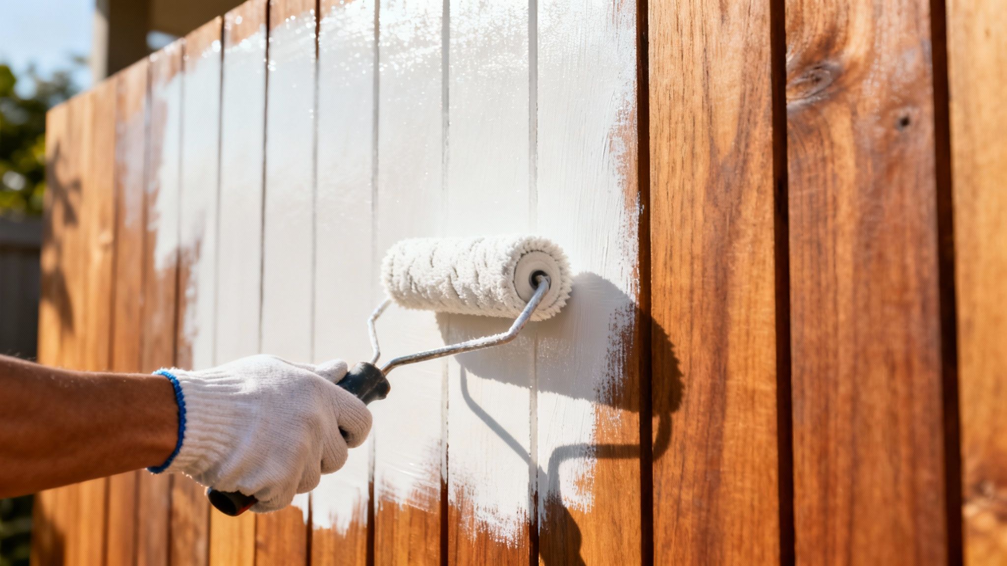A gloved hand uses a paint roller to apply white paint to a brown wooden fence.